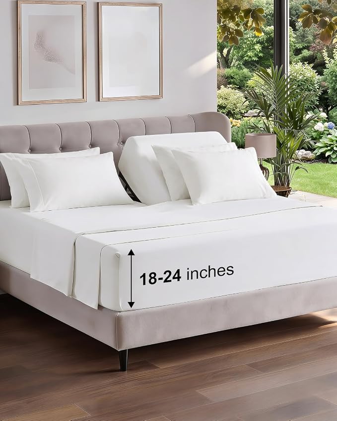Extra Deep Flex Top Split Head King Sheet Set - 6 Piece Breathable and Cooling Sheets - Hotel Luxury Bedding for Women, Men, Kids & Teens - Easy Secure Fit - Extra Deep Pockets - Antique White