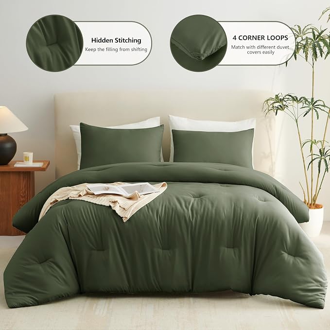 Twin Comforter Set, 2 Pieces Down Alternative Bedding, Olive Green | 270 GSM Twin XL College Dorm Comforter with 4 Corner Ties Use as a Duvet Insert, OEKO-TEX Certified, 1 Pillowcase, 68 x 88 in