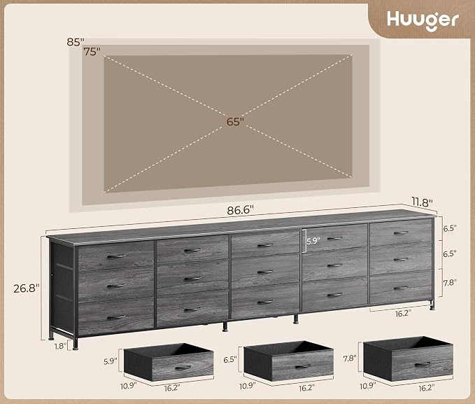 Huuger 86.6 Inch Long Dresser for Bedroom, TV Stand for 65, 75, 85 Inch TV | 15 Large Fabric Drawer Dresser, Entertainment Center for Bedroom, Wide Chest of Drawer with Storage