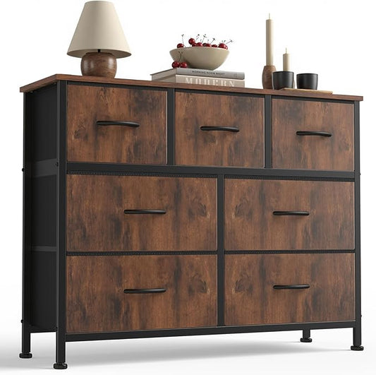 Sweetcrispy 7 Drawer Dresser for Bedroom Storage with Fabric Bins, Brown | Anti-Tip Closet Organizer, Wooden Top and Sturdy Steel Frame, Spacious Drawers for Clothes Storage, Hallway Entryway
