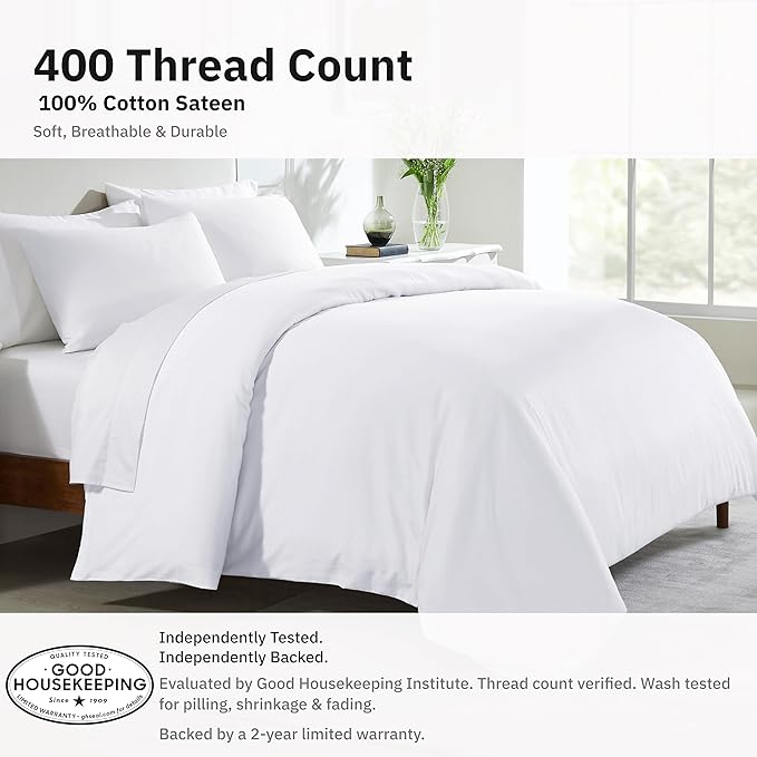California Design Den 100% Cotton Sateen Full/Queen Duvet Cover Set, White | 3-Piece Set with 2 Pillow Shams, Backed by Good Housekeeping Seal, Button Closure & Corner Ties, 400 TC 100% Cotton Sateen