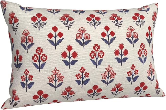 4th of July Pillow Covers 12x20 Inch 2 Pcs Red Blue Block Print Vintage Floral Patriotic Outdoor Decor Throw Pillows Memorial Day Holiday Decoration Pillowcase Linen Cushion Cover for Couch