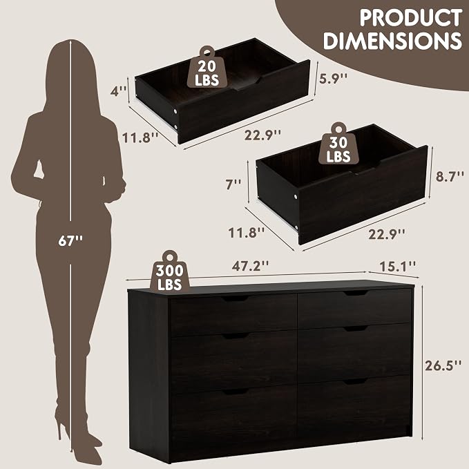 YESHOMY Dresser for Bedroom, 47.2" Modern Wood Chest with 6 Drawers | Two Drawer Sizes, Anti-Tip, Storage Cabinet & TV Stand for Living Room, Closet, Entryway, Brown