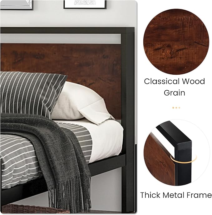 SHA CERLIN 14 Inch Full Size Metal Platform Bed Frame with Wooden Headboard and Footboard, Mattress Foundation, No Box Spring Needed, Large Under Bed Storage, Non-Slip Without Noise, Mahogany