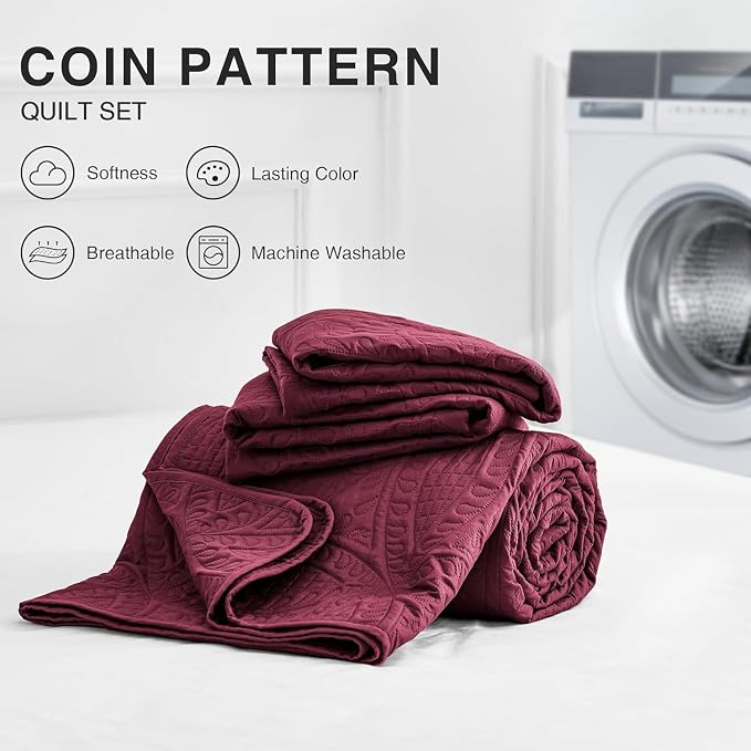 Love's cabin Oversized King Size Quilt Bedding Set Burgundy Bedspreads - Oversized King Lightweight Bedspread Comforter - Coin Pattern Coverlet for All Season - 3 Pieces (1 Quilt, 2 Pillow Shams)