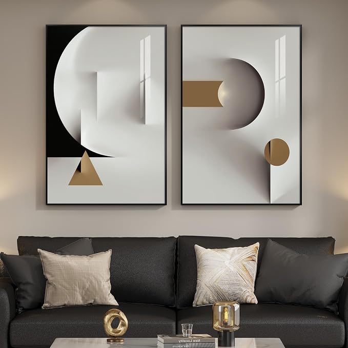 Large Framed Modern Elegant Abstract Wall Art Decor Set of 2, 24x36 In | Geometric, Canvas prints, Black white gold, Minimalist paintings, Living room, Bedroom, Dining room pictures wall decor
