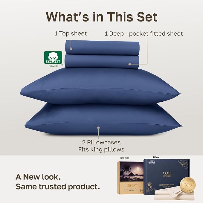California Design Den 100% Egyptian Cotton King Size Bedsheets, Navy Blue | Backed by Good Housekeeping Seal, Light & Airy Soft Sateen, 16" Deep Pocket, All-Around Elastic, Durable, Easy Care 4pc Set