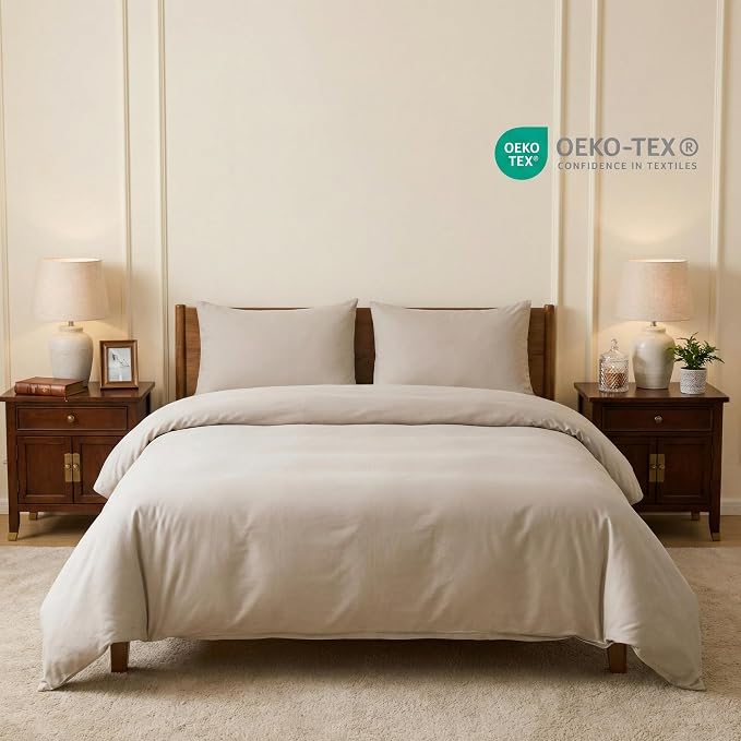 HeimenAogo Egyptian Cotton Duvet Cover King Size Ultra Soft and Breathable Bedding Set with Zipper Closure Long Staple Pre-Washed Cotton Duvet Cover Oatmeal Gray 3Pcs (104"×90")