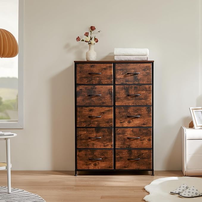DUMOS 10 Drawer Dresser for Bedroom, Storage Organizer Chest of Drawers | Wide Fabric Closet Organizer Tower Furniture with Wooden Top Metal Frame, Dorm, Brown