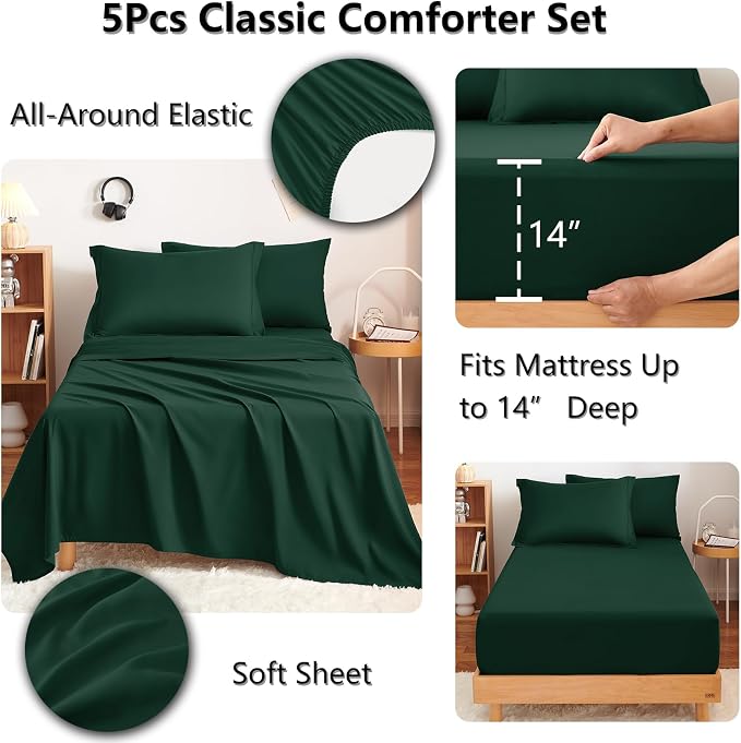 Twin Comforter Set Emerald Green - 5 Pieces Bed in a Bag | OEKO-TEX Certified, All Season, Teen, Single, Dorm, 240GSM Down-Alternative Comforter, Sheets, Pillowcase & Sham, Easy Care