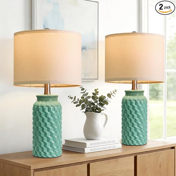 USumkky 20.5" Ceramic Table Lamps Set of 2 - Modern Farmhouse & Boho Style, Bedside Nightstand Lamps for Bedroom, Living Room End Table Lamps, Small Desk Lamp(Tiffany Blue)