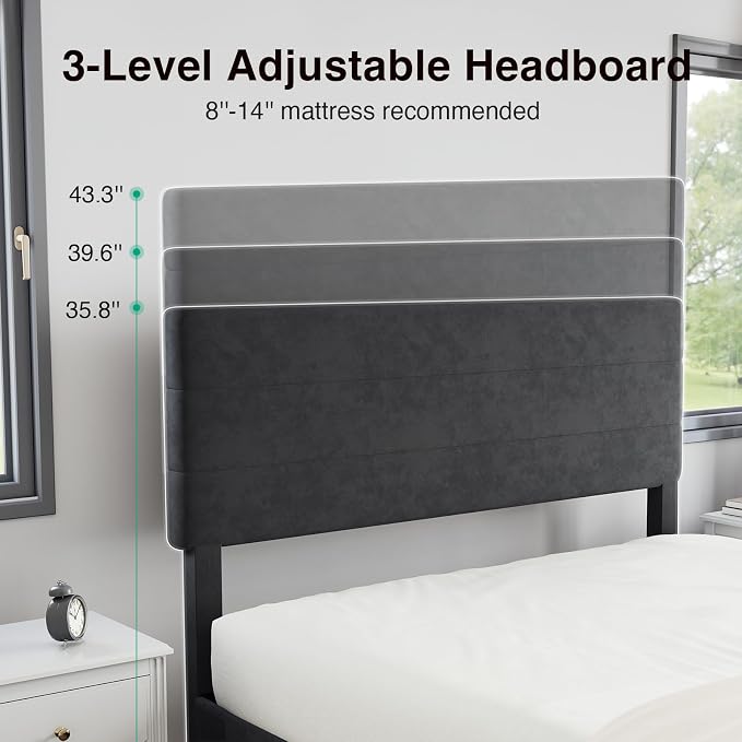 Novilla King Bed Frame and Headboard, King Bed Frame, Velvet Upholstered Stripe Bed Frames, No Box Spring Needed, Heavy Duty Feet, Easy Assembly, Black Velvet