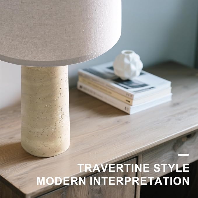 BOBOMOMO Modern Table Lamp Set of 2, Warm Beige Resin Lamp with Natural Stone Look, 27.25" Lamps for Living Room with Linen Shades, Bedside Lamp for Bedroom, Living Room, Nightstand, Entryway