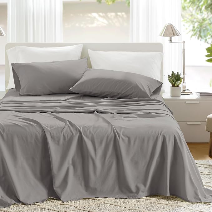 Comfort Spaces 100% Cotton Percale Sheets Cal King Size 4 Pcs, Dark Gray | Crisp, Cool & Breathable Bed Sheets, 14" Deep Pocket Fits Up to 16" Mattress, Lightweight, All Season Cozy, with Pillow Case