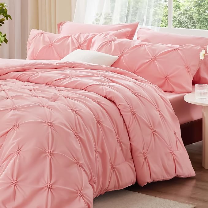 BEDELITE King Comforter Set Pink,Lightweight & Soft Comforter | Pintuck Boho Bedding, Warm & Cute Bed Set for All Season,With 2 Pillowcases