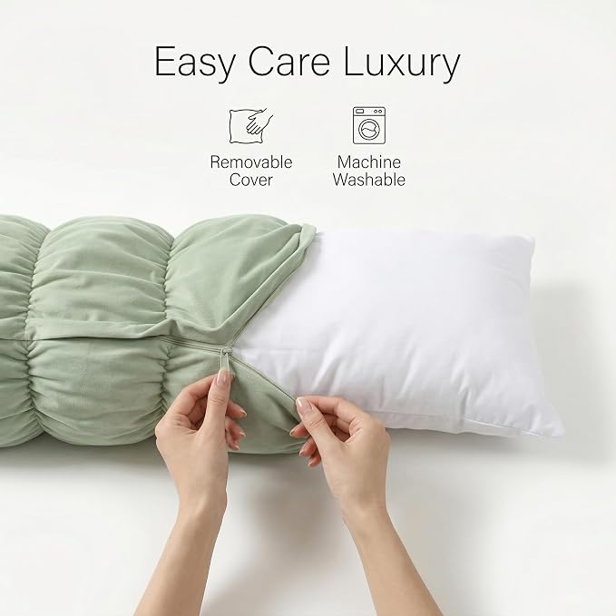 Pat. Pend. Body Pillow for Side Sleepers, 39 Inch, Celadon Green | Small body pillow for adults with a removable, washable soft velvet cover; segmented design for comfortable side sleeping.