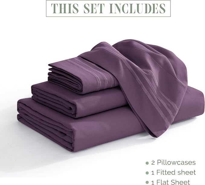 Elegant Comfort Luxury 1500 Premium Hotel Quality Microfiber 4-Piece Sheet Set - Wrinkle Resistant, All Around Elastic Fitted Sheet, Deep Pocket up to 16", Queen, Purple