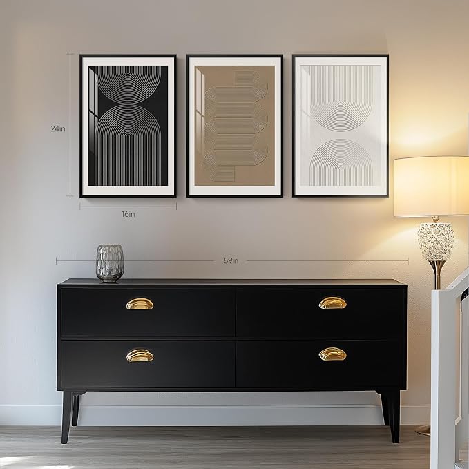Framed Boho Neutral Abstract Wall Art Set, 3 Piece Canvas Prints, 16x24 In | Modern Minimalist Paintings, Black and White Brown Pictures, Geometric Artwork, Living Room Dining Room Bedroom Wall Decor