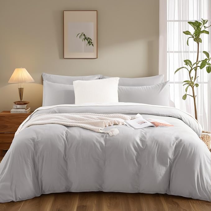 NEXHOME PRO Duvet Cover Set Queen Size Linen Feel Textured Organic Natural 100% Washed Cotton Duvet Cover 3 Pieces Bedding Set with Zipper Closure, Breathable, Soft, Light Grey (No Comforter)