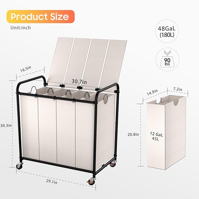 Laundry Sorter 4 Sections 48 Gal, Rolling Laundry Basket with Wheels ＆ Lid | Laundry Hamper, 4 Separated Removable Bags, Lockable Wheels, Dirty Clothes Hamper for Laundry Room Organizer, White
