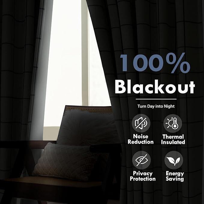 DriftAway 100% Blackout Plaid Curtains 90 Inches Long 2 Panels Navy Blue | 100% Blackout, Linen Texture, Plaid Pattern, Two Layers, Rod Pocket & Back Tab, Bedroom Living Room Use, Luxury Appearance