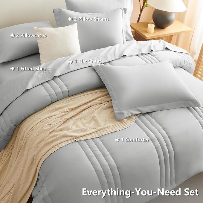 King Size Comforter Set Light Grey- 7 Pieces Bed in a Bag | OEKO-TEX Certified, 240GSM Down-Alternative Comforter, 14" Deep-Pocket Sheets, Shams & Pillowcases, Lightweight