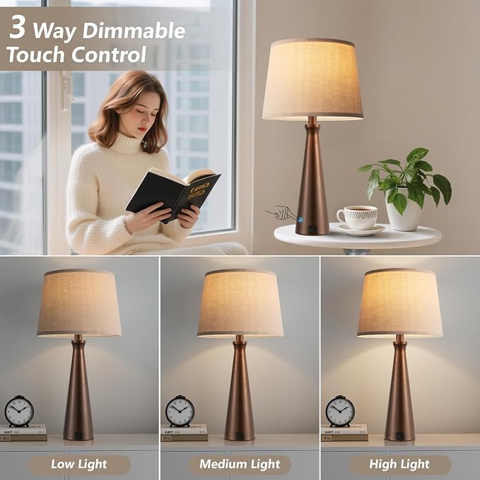Modern Touch Lamps for Nightstand, 3 Way Dimmable Bedroom Lamp Set of 2 | USB C+A Charging Ports, Brown Bedside Lamps for Bedroom, Living Room, End Table, Bed Side, LED Bulb Included