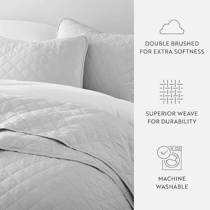 Merit Linens Modern Quilt Coverlet Soft Set in Diamond Stitching - King/Cal-King Light Gray