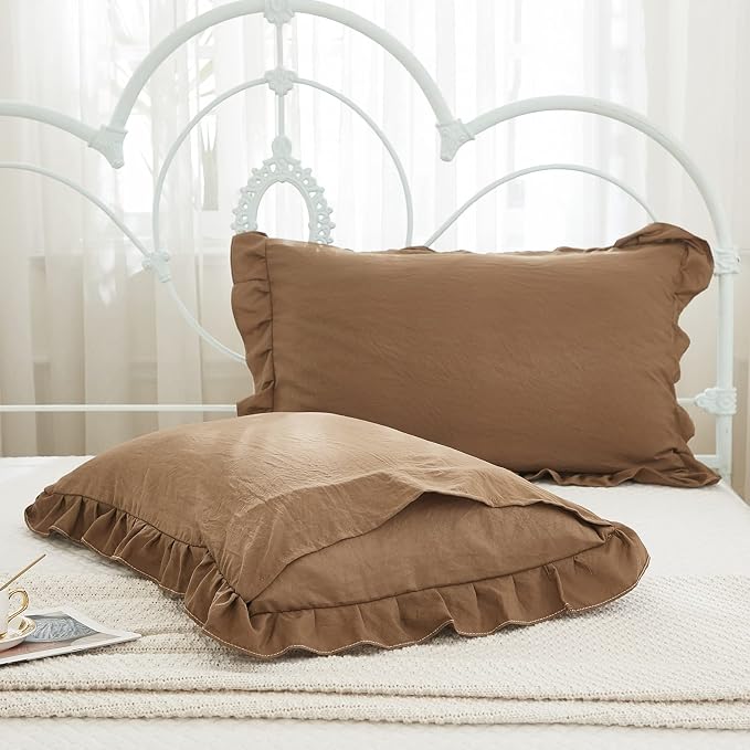 Merryword Brown Pillowcases - King Size Ruffled Shams Set of 2 - Solid Fringe Design - Coffee Brown Shabby Chic - 2 Pack (King (20''x36''))