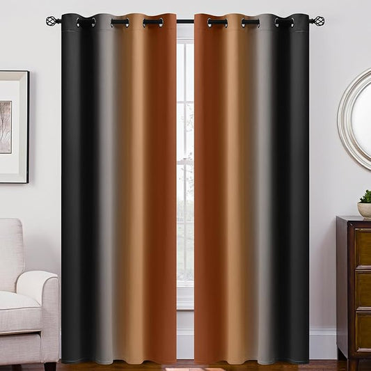 SimpleHome Ombre Burnt Orange and Black Room Darkening Curtains 84 inches | Bedroom Curtains,Grommet Gradient Light Blocking Window Curtains for Living Room,Thermal Insulated Drapes 2 Panels,52wx84L