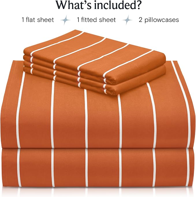Cal King Striped Sheets Set, Deep Pocket Soft & Cooling Bed Sheet, 4PC | LuxClub Silky Fitted Sheet & Pillowcase Sets, Breathable Hotel Luxury Bedding for Mattress Wrinkle Free, Autumn Orange