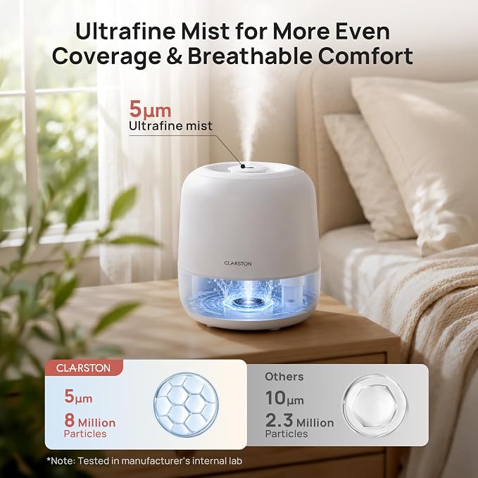 Clarston Humidifiers for Bedroom, 2L Cool Mist Humidifier, 24dB Quiet Sleep | 25H Runtime, Easy to Top Fill & Clean, Humidification for Baby Nursery & Plant, 360° Nozzle for Large Room, Nightlight,No BPA