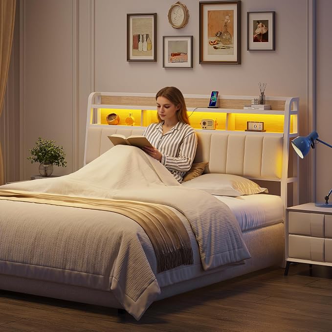 ComfyCorner King Size Headboard with Storage & LED Light, Off White | Upholstered Ergonomic Head Board with Power Outlets & 2-Tier Storage, King Headboard Only, Bed Frame Mounting, Heavy Duty