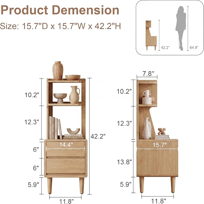 Solid Wood Bookshelf Nightstand Combo, Tall Nightstand with Bookshelf | Oak Nightstand Bookshelf,Solid Wood Nightstand with Drawers,Open Shelf Bookcase,for Bedroom,Living Room,Offices