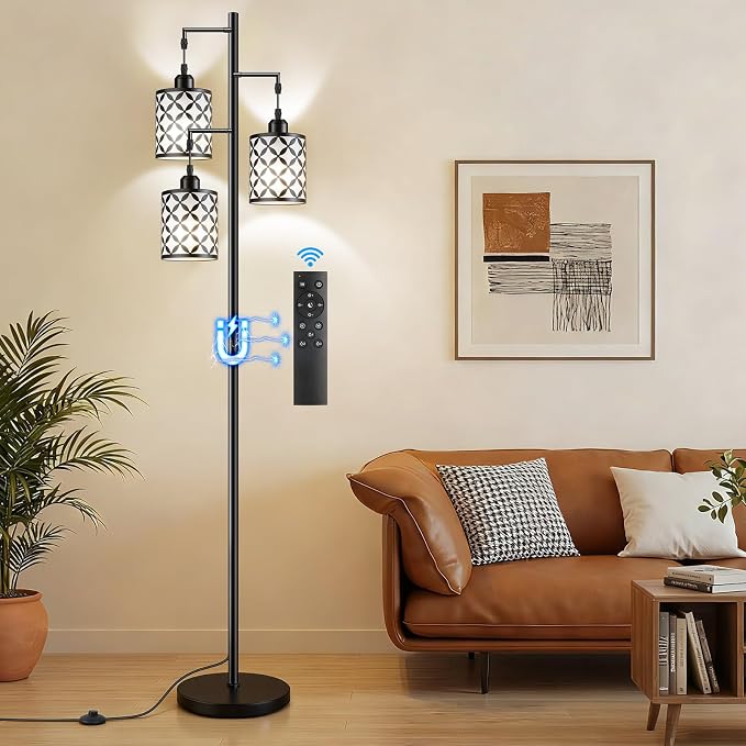 72" Dimmable Floor Lamp with Remote & Timer, Industrial Farmhouse Rustic Standing Lamp for Living Room Bedroom, 3 Individually Controlled Heads, 2 Height Options, 3 x LED Bulbs Included
