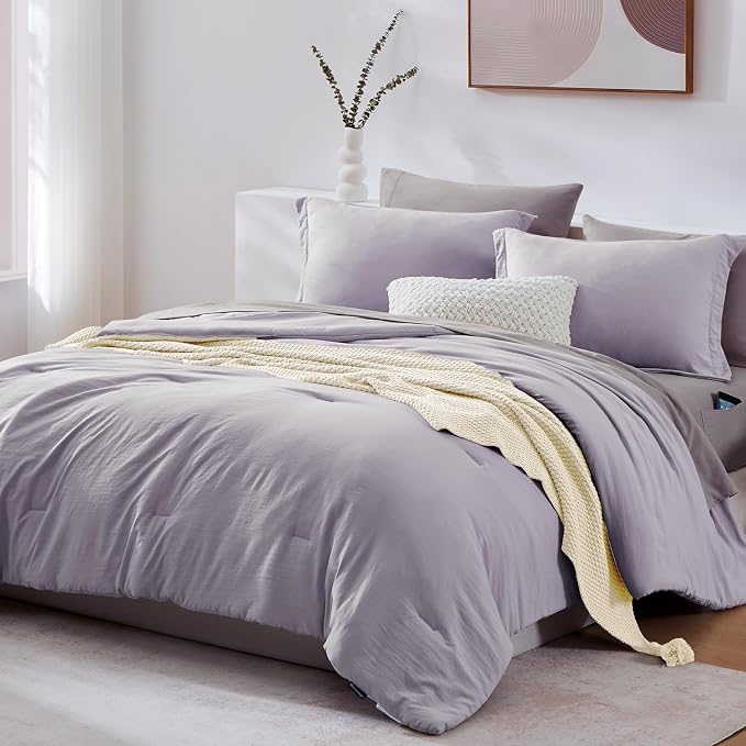 Full Size Comforter Sets-7 Pieces Ultra Soft Bed in a Bag Full Bedding Sets | Prewashed All Season Comforter with Sheets, Pillow Shams & Pillowcases,Lilac