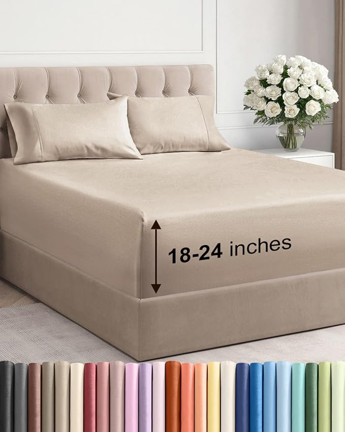 Extra Deep Twin Sheet Set - 4 Piece Breathable and Cooling Sheets - Wheat | Hotel Luxury Bed Sheets Set, Easy & Secure Fit, Ultra-Soft, Wrinkle & Fade Free, Comfy Sheets Set with Extra Deep Pockets