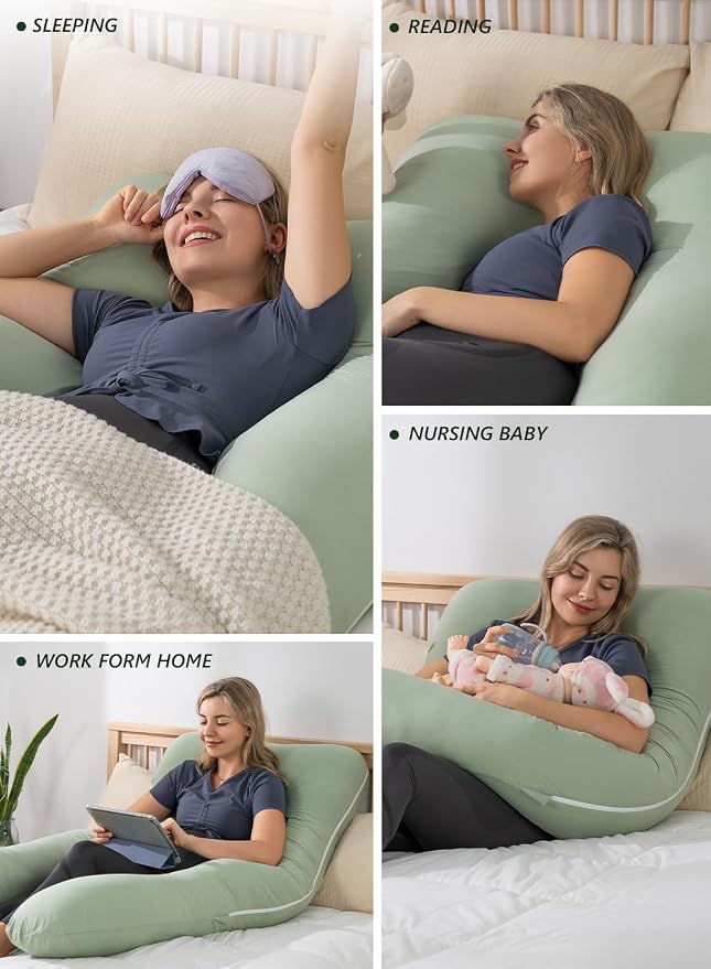 Meiz Pregnancy Pillow, U Shaped Pregnancy Pillows for Sleeping Cooling, 55 Inch Maternity Pillow for Pregnant Women, Body Pillows for Adults, Rayon Cover from Bamboo, Sage Green