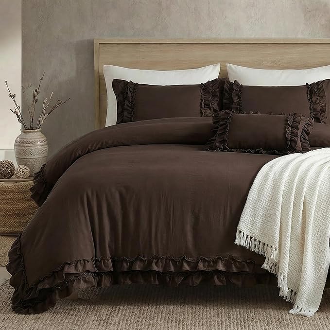 Dark Brown Duvet Cover Set Elegant Ruffled Bedding Queen Shabby Chic Lace Ruffle Boho Bedroom Decor Vintage Boho Style Chocolate Duvet Cover with Pillowcases