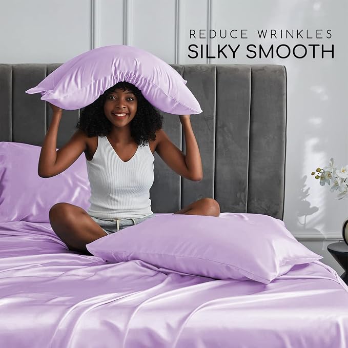 MR&HM Satin Sheets Full Size with Elastic Corner Straps, Lilac | Similar to Silk, 4-Piece Silky Soft Bed Sheet Set, Gentle on Skin and Hair, 15" Deep Pocket, Cooling & Breathable