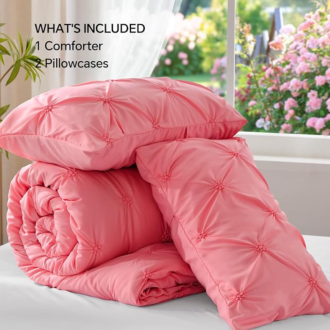 BEDELITE Queen Comforter Set Strawberry Pink,Lightweight & Soft Comforter | Pintuck Boho Bedding, Warm & Cute Bed Set for All Season,With 2 Pillowcases