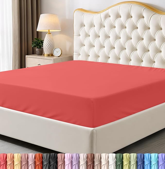 Full Fitted Sheet, Ultra Soft Fits Up to 16 Inch Deep Pocket, Coral | Hotel Comfort, Cooling & Breathable Cotton like Polyester, Easy Fit, Wrinkle & Fade Resistant, Snug Fit, Easy Care, Oeko-Tex