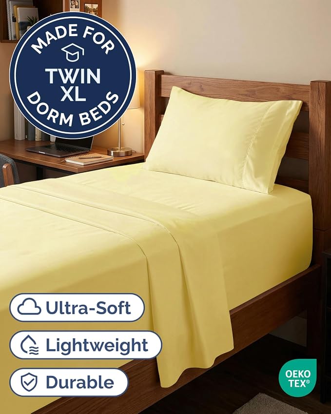 Extra Deep Twin XL Sheet Set - 3 Piece College Dorm Room - Yellow | Soft, Breathable & Cooling, Easily Fits 18 to 24 inch Mattress, Wrinkle Free & Fade Resistant with Extra Deep Pockets