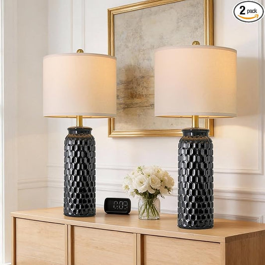 USumkky 27" Ceramic Table Lamps Set of 2 - Modern Farmhouse & Boho Style, Bedside Nightstand Lamps for Bedroom, Living Room End Table Lamps, Small Desk Lamp(Black)