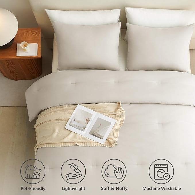 Queen Comforter Set, 3 Pieces Down Alternative Bedding, Beige | 270 GSM All Season Comforter with 4 Corner Ties for Use as a Duvet Insert, OEKO-TEX Certified, 2 Pillowcases, 88 x 88 in