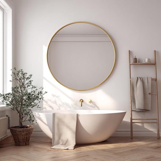 Big Circle Mirror 36 inch, Gold Round Mirror, Brushed Metal Frame | High Definition Mirror, Waterproof, Rust-resistant, perfect for Living room, Bathroom, Hallway, Bedroom, Cloakroom