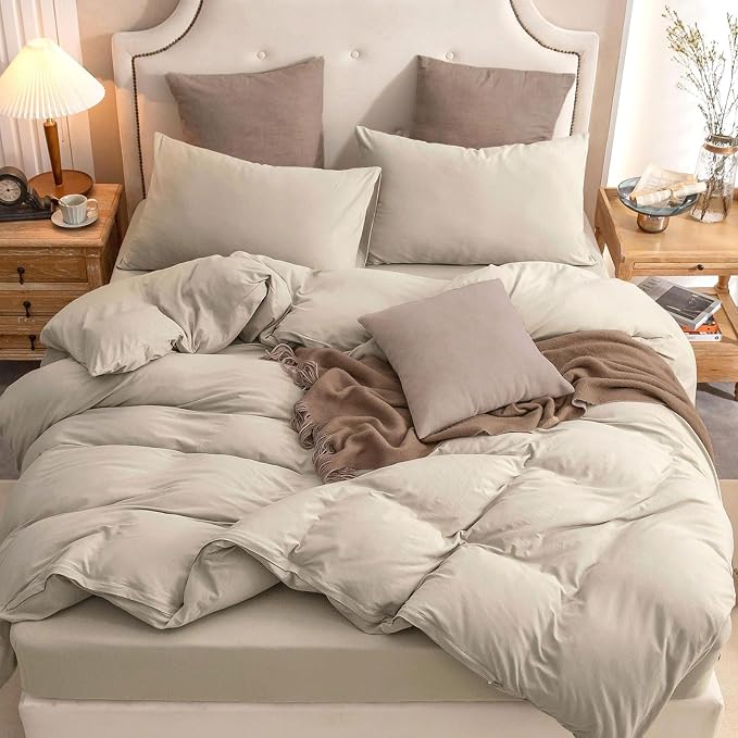 PURE ERA Jersey Knit Sheet Set Solid Dark Beige Twin | 100% Cotton, 3 Piece Set, T Shirt Soft, Breathable, Envelope Closure Pillowcases, Hidden Zipper, 8 Ties, No Insert, Modern