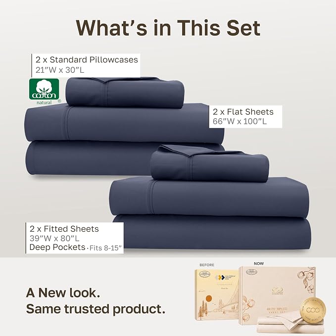 California Design Den 2-Pack 100% Cotton Sateen Twin XL Bed Sheets Sets | 400 Thread Count Backed by Good Housekeeping Seal, All-Around Elastic, Easy Care, OEKO-TEX certified - Indigo Dusty Blue