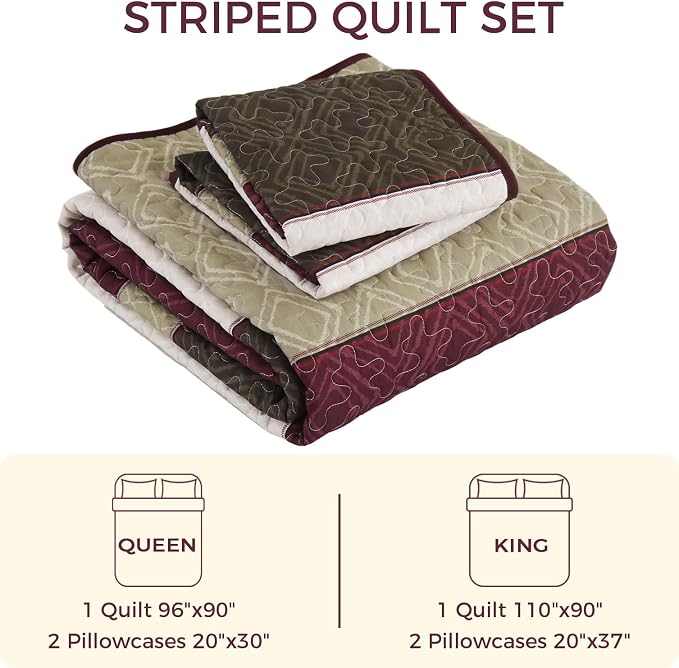 Cottolester King Size Quilt Set,Burgundy Striped Plaid Bedsperad Coverlet | Modern Boho Style,Striped Plaid Design,Ultra Soft Lightweight Microfiber Quilted Bedding Sets for All Seasons 110"x90"