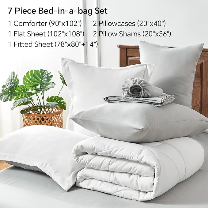BEDELITE King Size Comforter Set 7 Pieces Bed in A Bag - Soft Microfiber Reversible White Bed Set with Comforters, Sheets, Pillowcases & Shams, Cozy Luxury Bedding Sets for All Season | Soft All Season Down-Alternative Comforter, Sheets, Pillowcases & ...